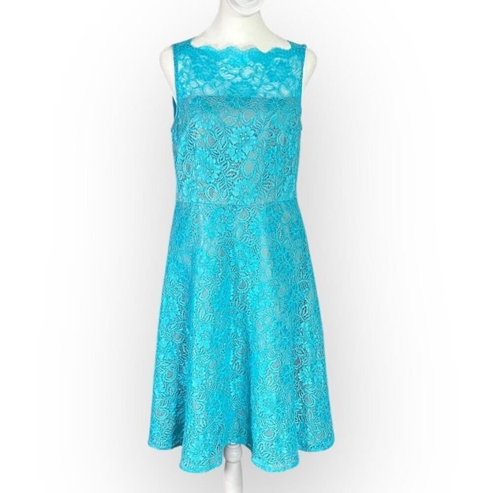 Calvin Klein A-Line Dress Women 8 Blue Lace Illusion Neck Sleeveless Knee Length